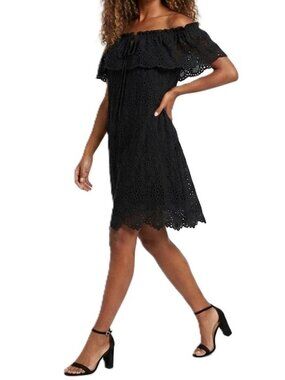 Black Eyelet Dress Medium Knee Length Ruffle Sleeve Cotton Lined Summer Dress